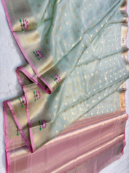 Sea Green Tissue Kota Pathni Border Premium Banarasi Saree