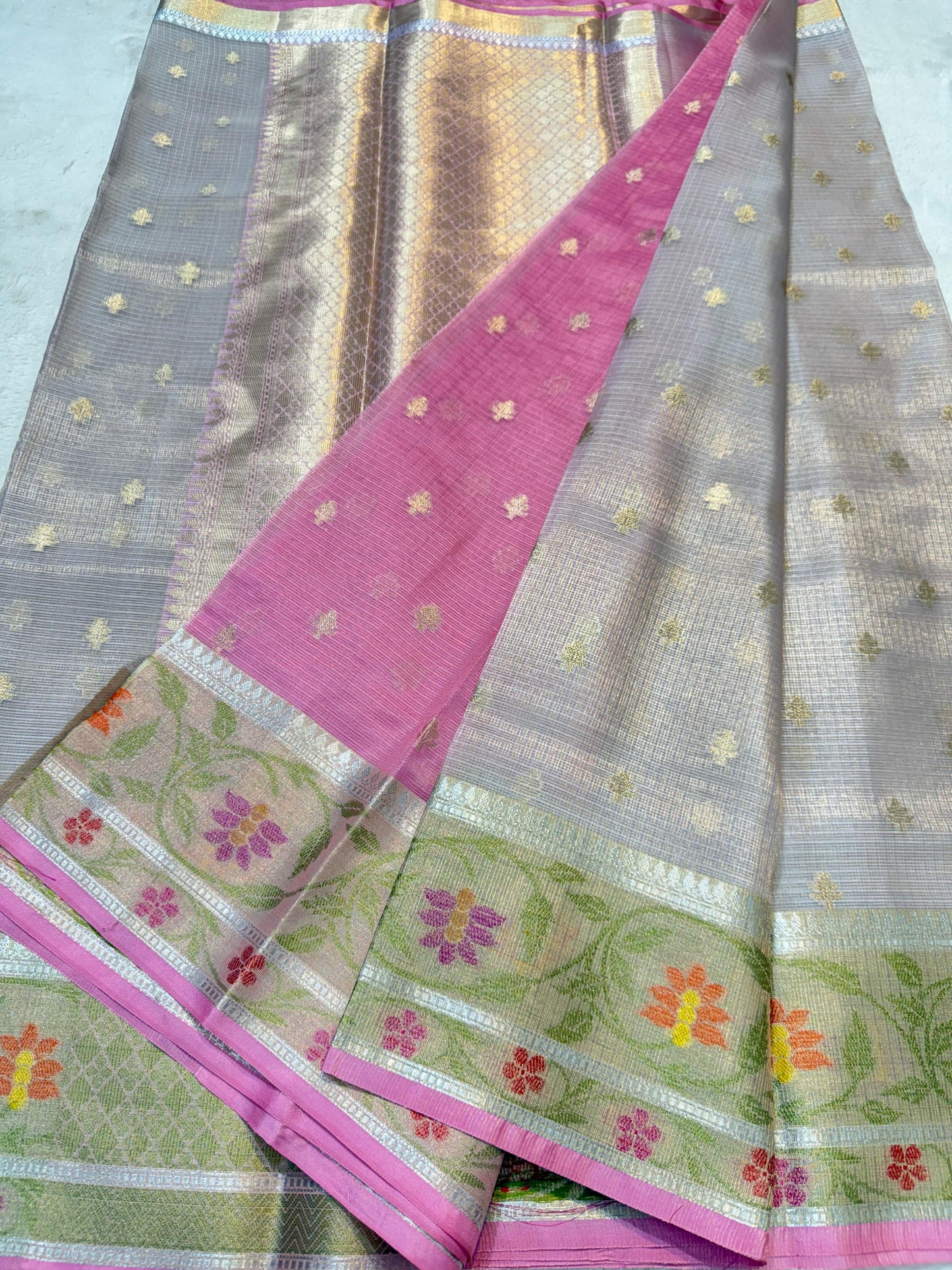 Silver Tissue Kota Pathni Border Premium Banarasi Saree