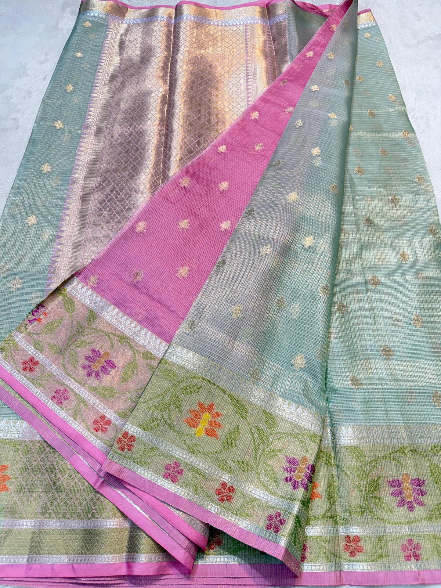 Sea Green Tissue Kota Pathni Border Premium Banarasi Saree