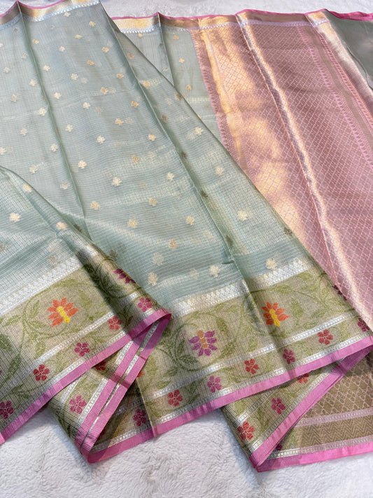 Sea Green Tissue Kota Pathni Border Premium Banarasi Saree