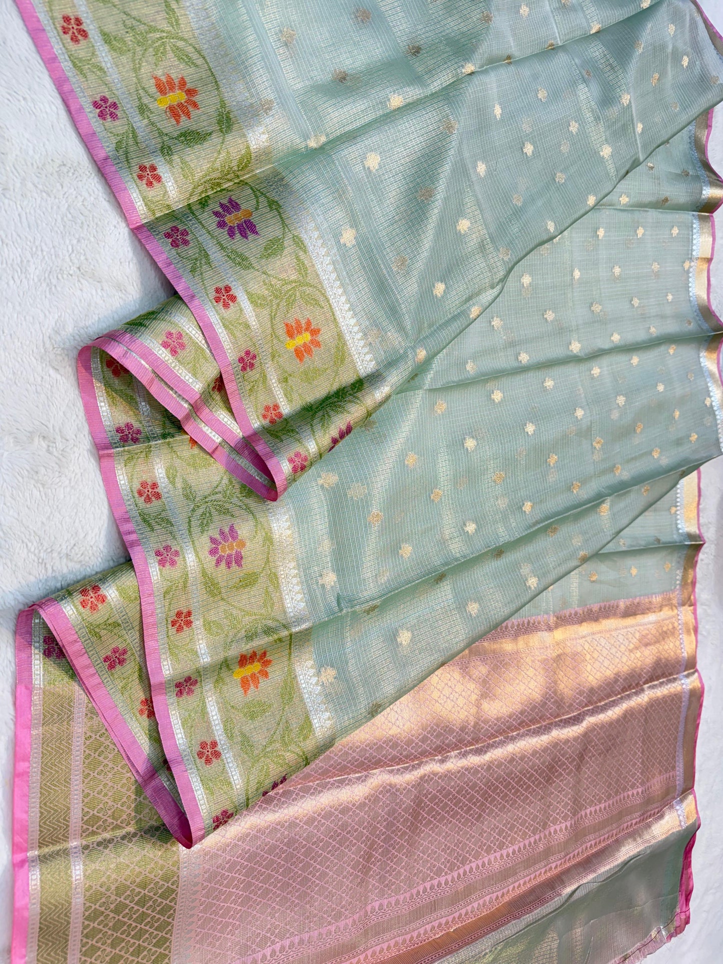 Sea Green Tissue Kota Pathni Border Premium Banarasi Saree
