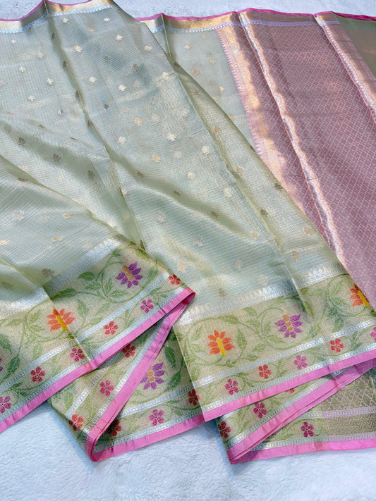 Pista Green Tissue Kota Pathni Border Premium Banarasi Saree