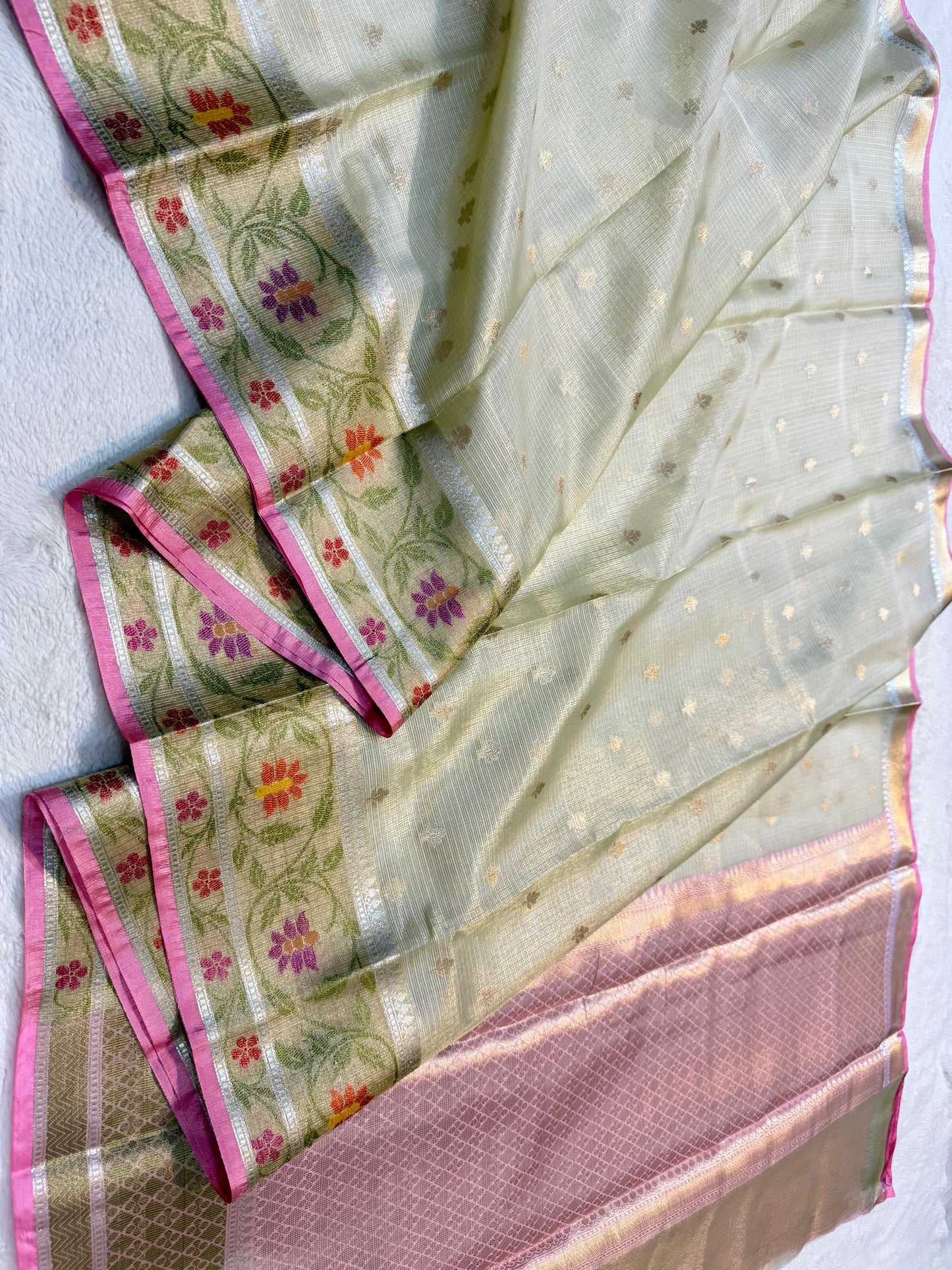Pista Green Tissue Kota Pathni Border Premium Banarasi Saree