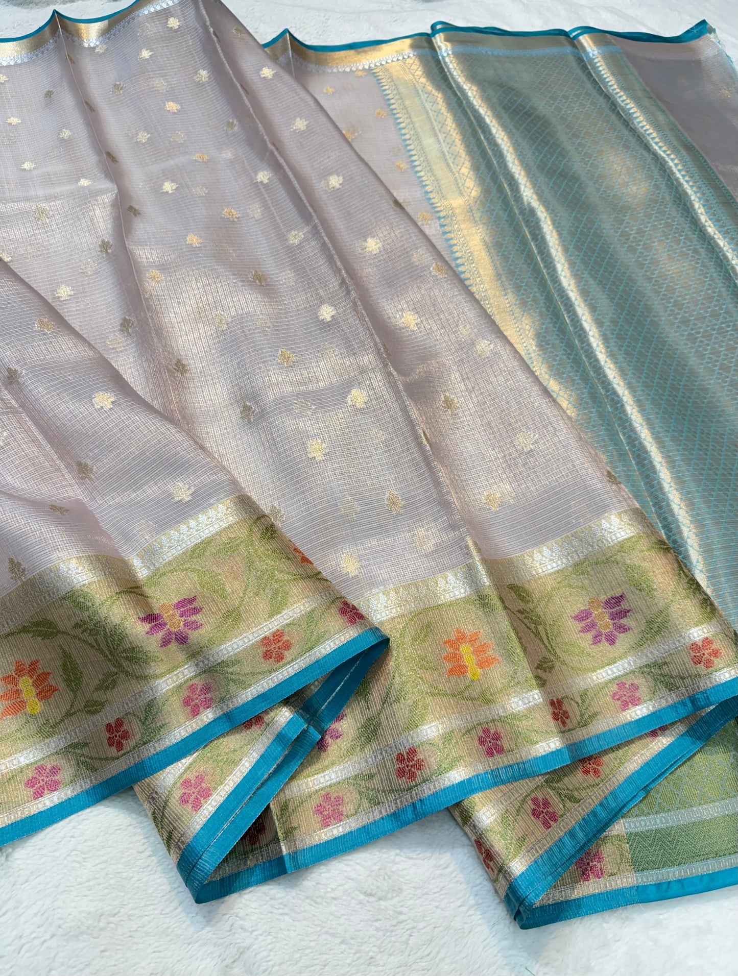Silver Tissue Kota Pathni Border Premium Banarasi Saree