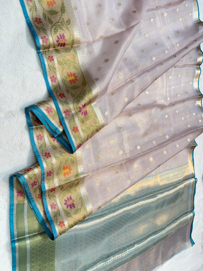 Silver Tissue Kota Pathni Border Premium Banarasi Saree