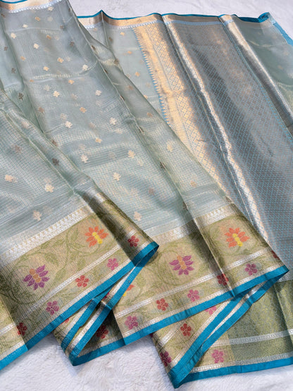 Sea Green Tissue Kota Pathni Border Premium Banarasi Saree