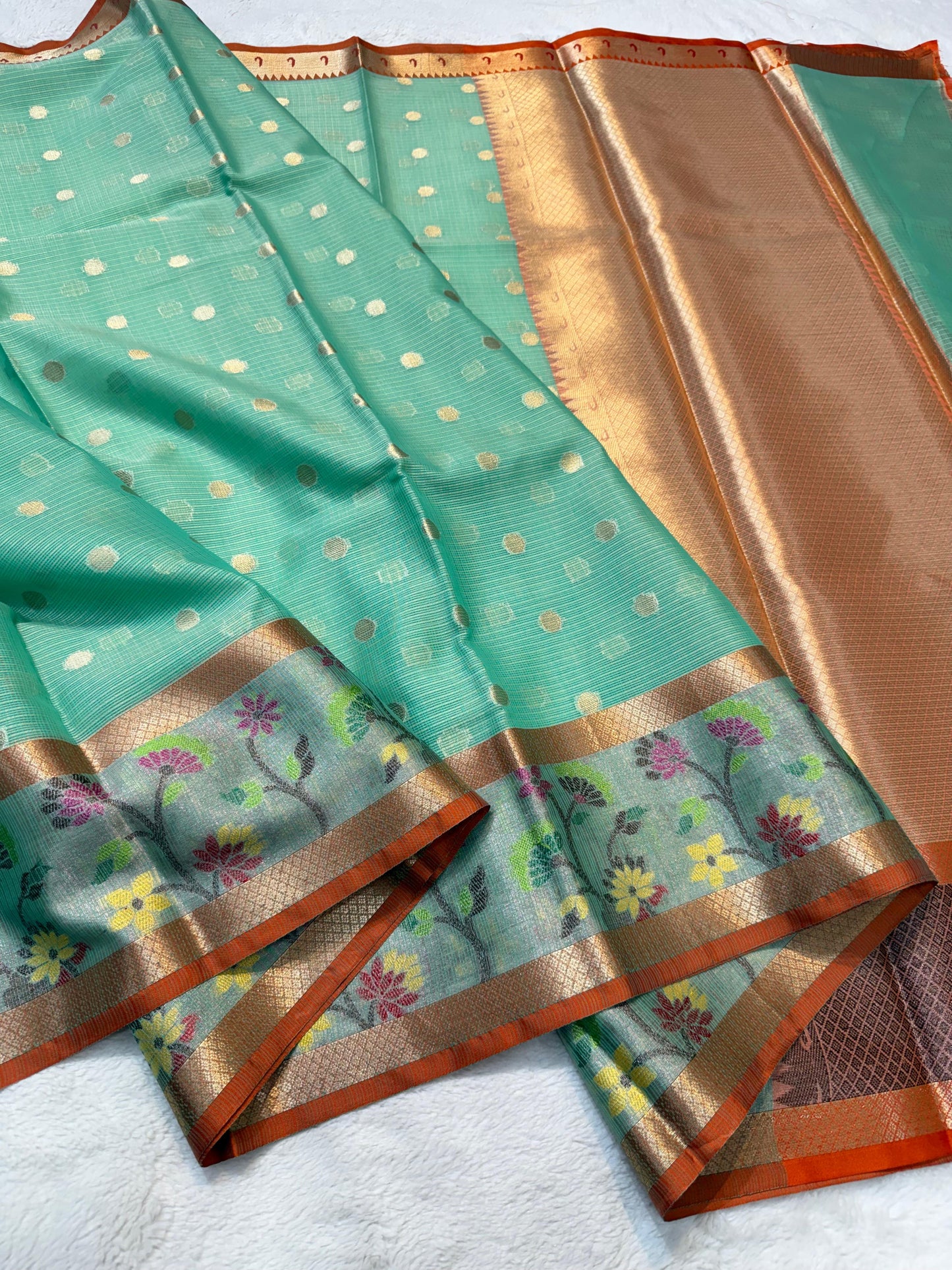 Sea Green Cotton Kota Paithani Border Premium Banarasi Saree