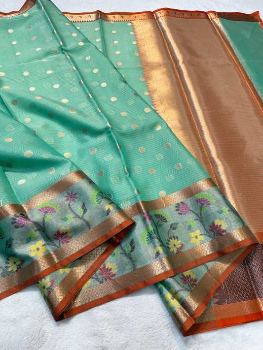 Sea Green Cotton Kota Paithani Border Premium Banarasi Saree
