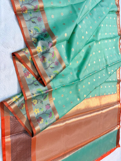 Sea Green Cotton Kota Paithani Border Premium Banarasi Saree