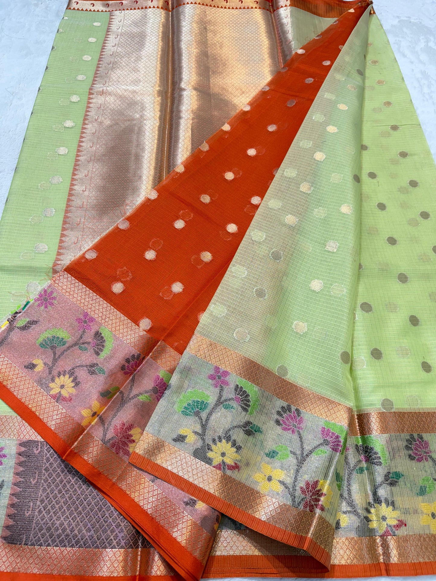 Pista Green Cotton Kota Paithani Border Premium Banarasi Saree