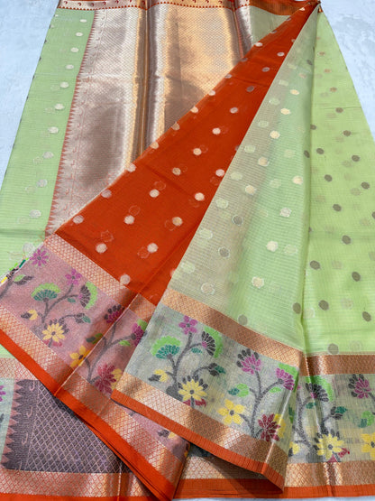 Pista Green Cotton Kota Paithani Border Premium Banarasi Saree