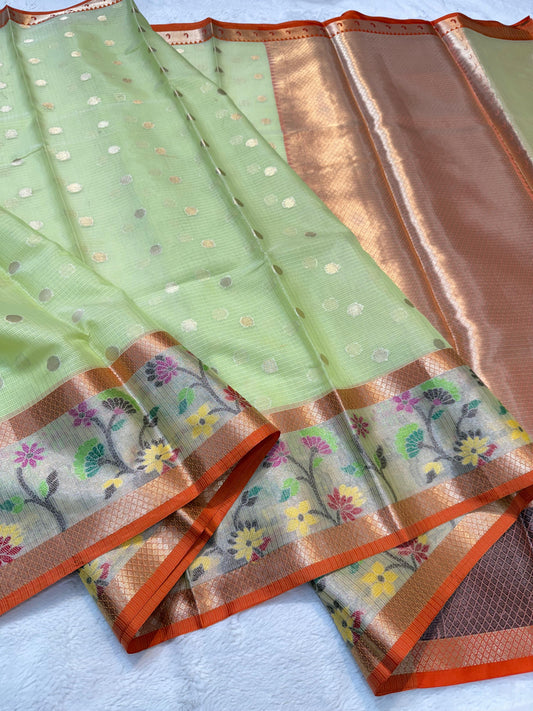 Pista Green Cotton Kota Paithani Border Premium Banarasi Saree