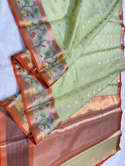 Pista Green Cotton Kota Paithani Border Premium Banarasi Saree