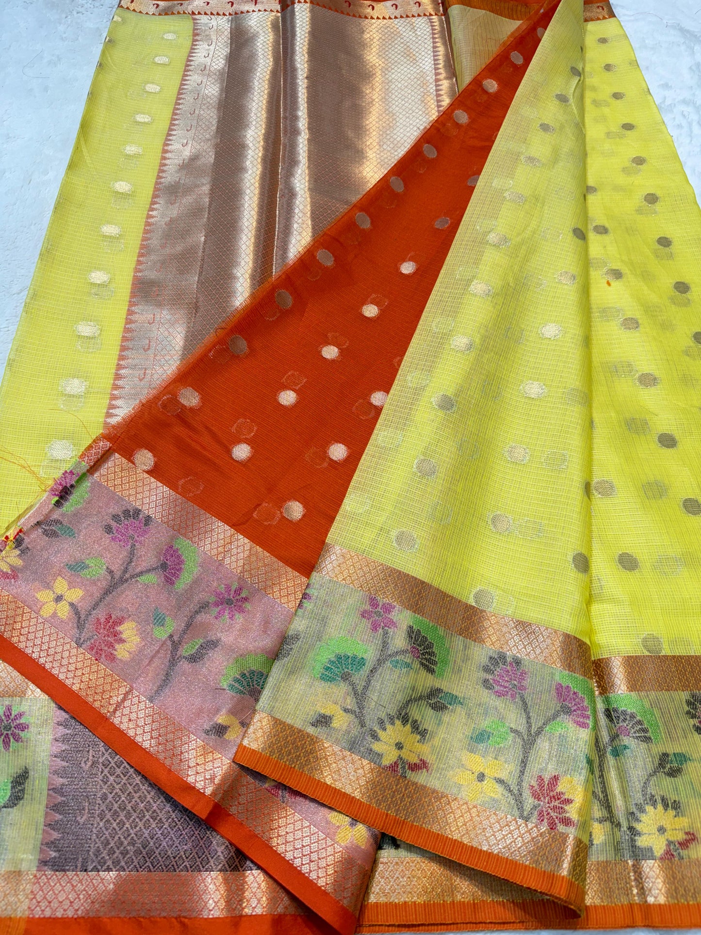 Yellow Cotton Kota Paithani Border Premium Banarasi Saree