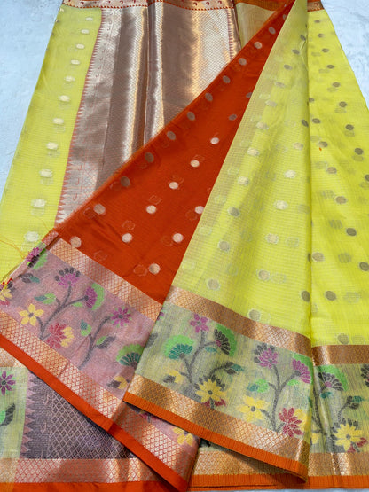 Yellow Cotton Kota Paithani Border Premium Banarasi Saree