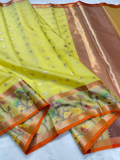 Yellow Cotton Kota Paithani Border Premium Banarasi Saree