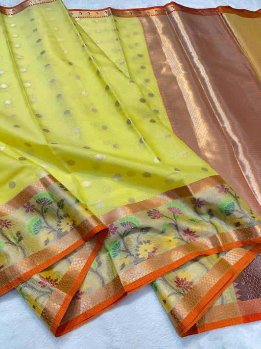 Yellow Cotton Kota Paithani Border Premium Banarasi Saree