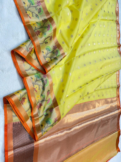 Yellow Cotton Kota Paithani Border Premium Banarasi Saree