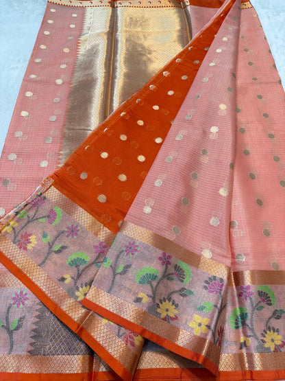 Peach Cotton Kota Paithani Border Premium Banarasi Saree