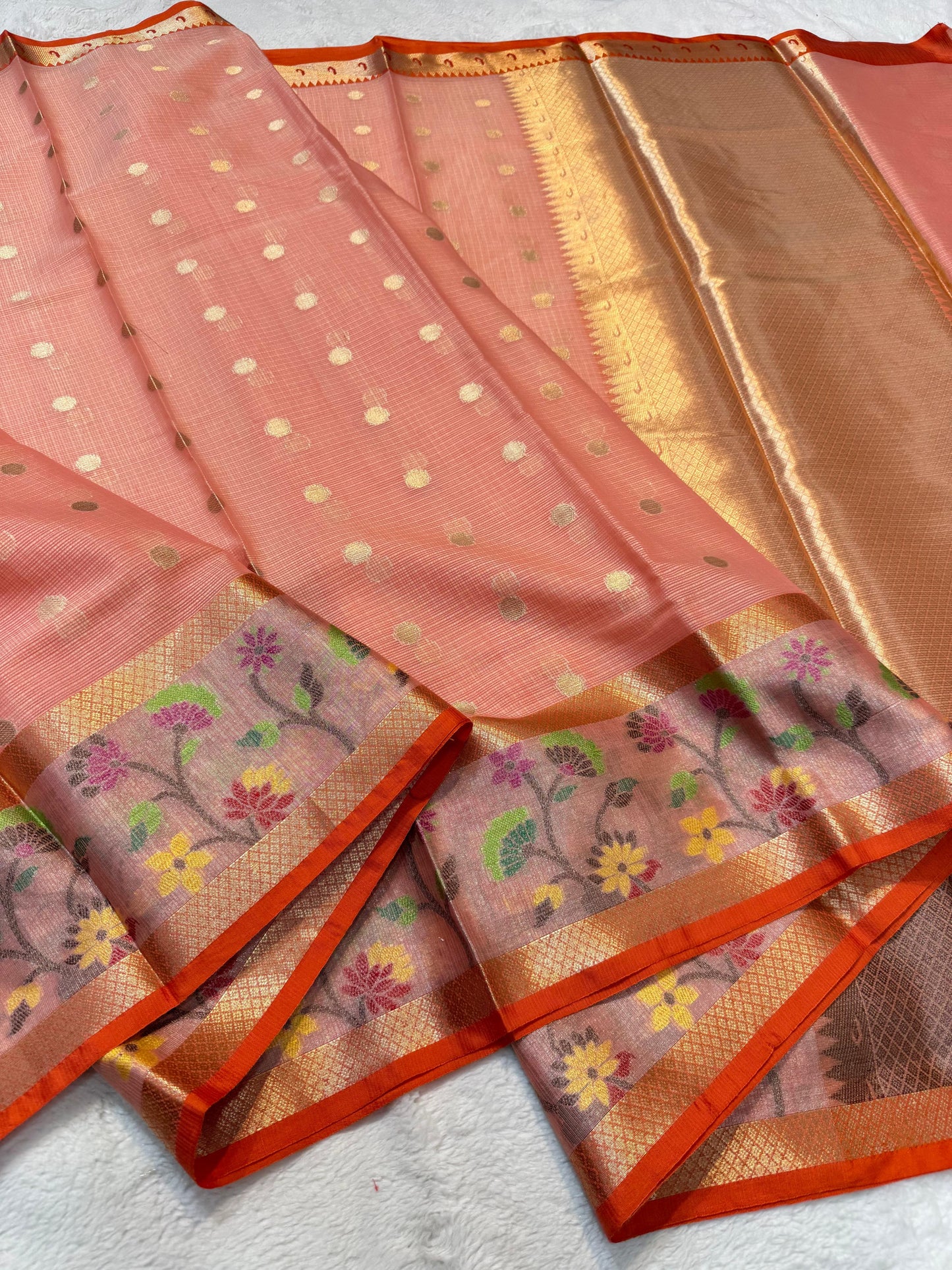 Peach Cotton Kota Paithani Border Premium Banarasi Saree