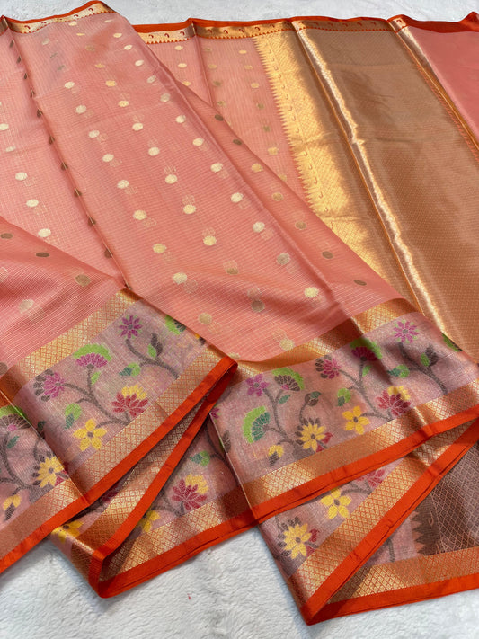 Peach Cotton Kota Paithani Border Premium Banarasi Saree
