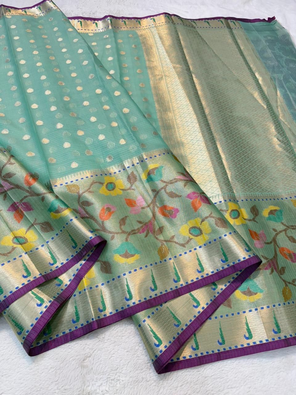 Sea Green Cotton Kota Pathni Border Premium Banarasi Saree