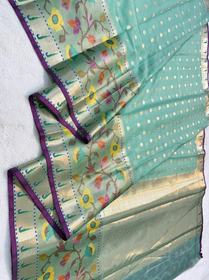 Sea Green Cotton Kota Pathni Border Premium Banarasi Saree