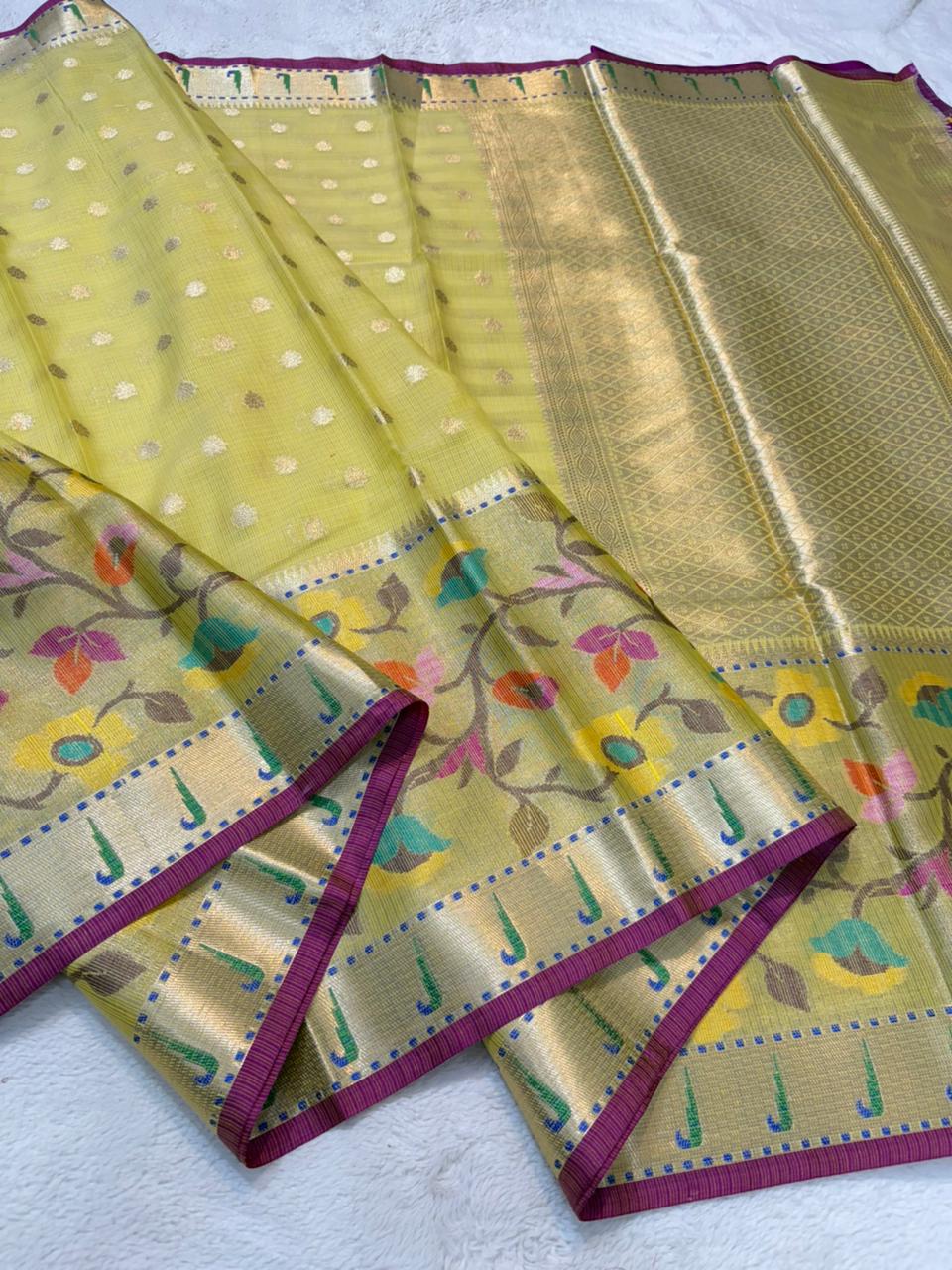 Gold Cotton Kota Pathni Border Premium Banarasi Saree