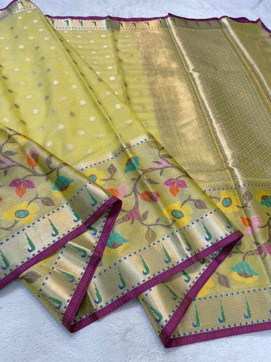 Gold Cotton Kota Pathni Border Premium Banarasi Saree
