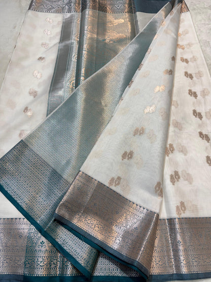 White Green Shade Cotton Silk Premium Banarasi Saree