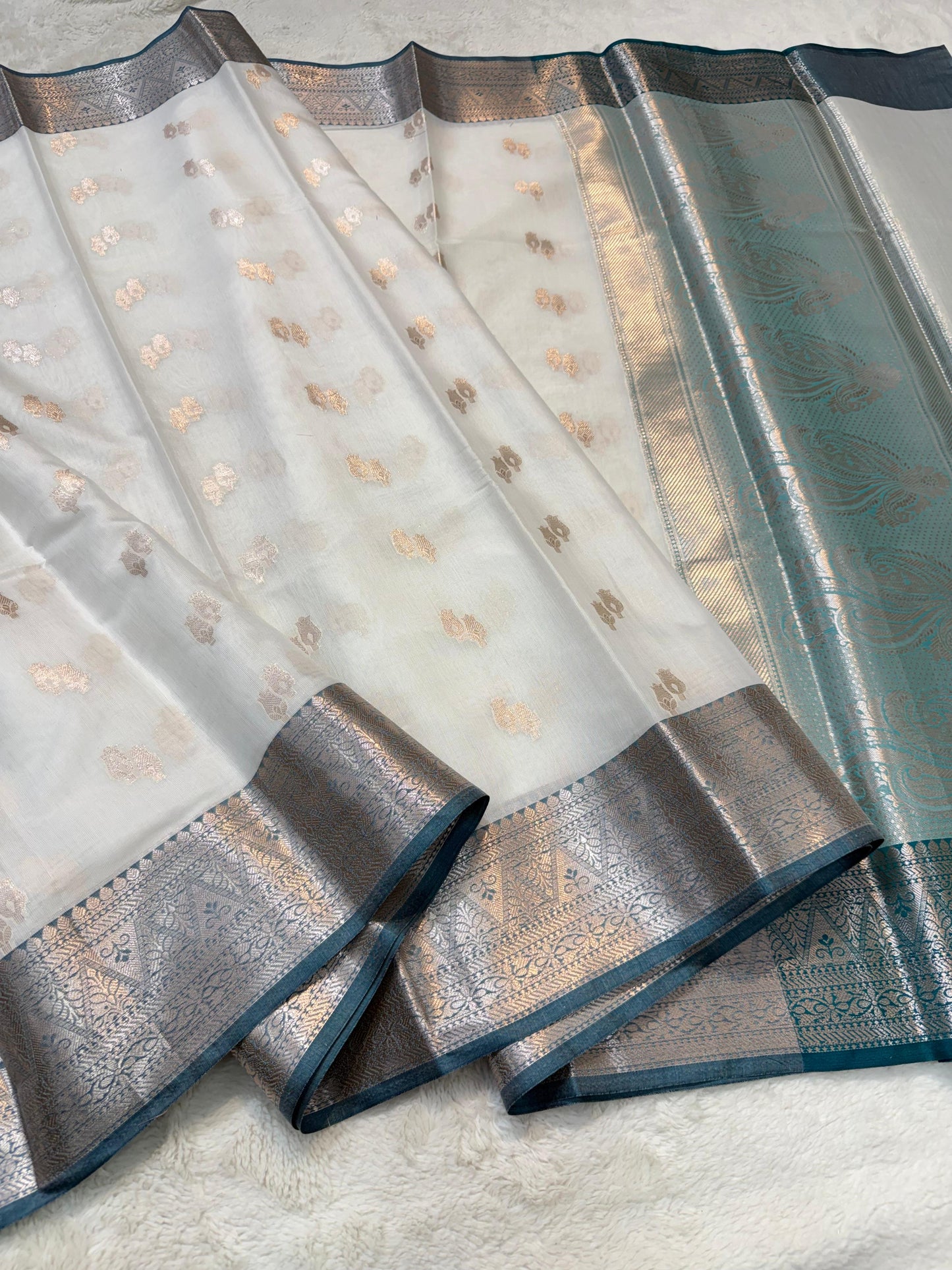 White Green Shade Cotton Silk Premium Banarasi Saree