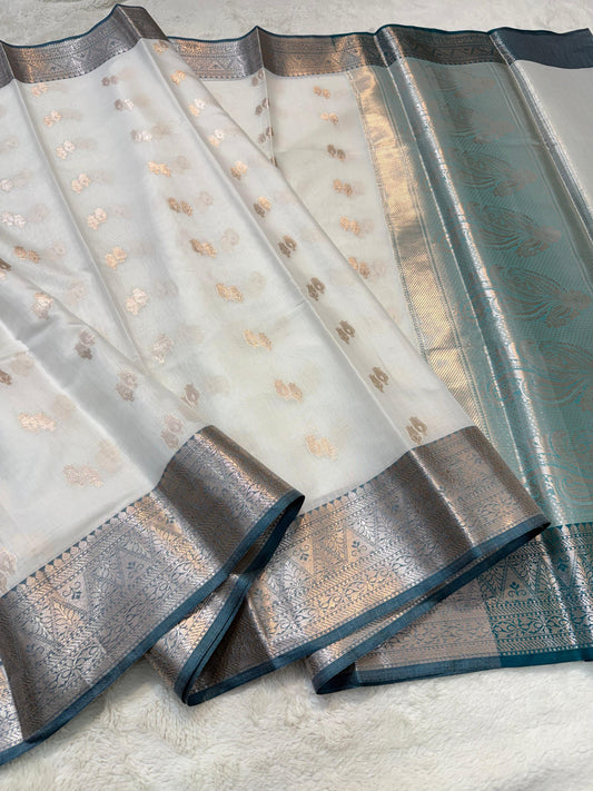 White Green Shade Cotton Silk Premium Banarasi Saree