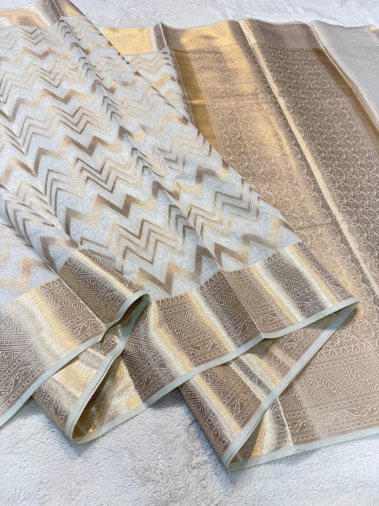 White Tussar Shade Cotton Silk Premium Banarasi Saree