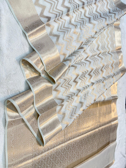 White Tussar Shade Cotton Silk Premium Banarasi Saree