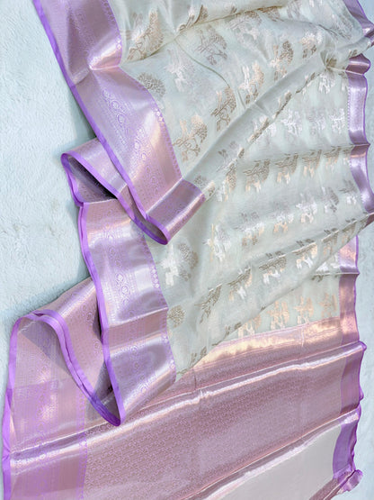 Cream  Lovender Shade Cotton Silk Premium Banarasi Saree