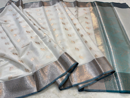 White Green Shade Cotton Silk Premium Banarasi Saree