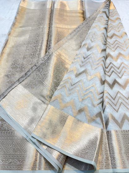 White Tussar Shade Cotton Silk Premium Banarasi Saree