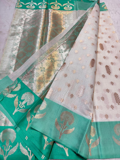Turquoise Green Cotton Silk Premium Banarasi Saree