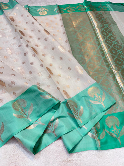 Turquoise Green Cotton Silk Premium Banarasi Saree