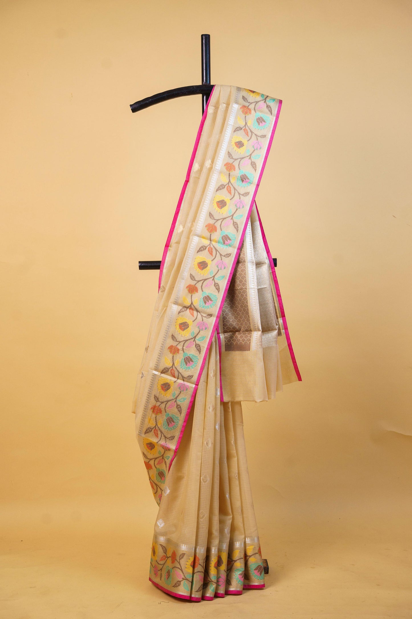 Beige Cotton Kota Paithani Border Premium Banarasi Saree