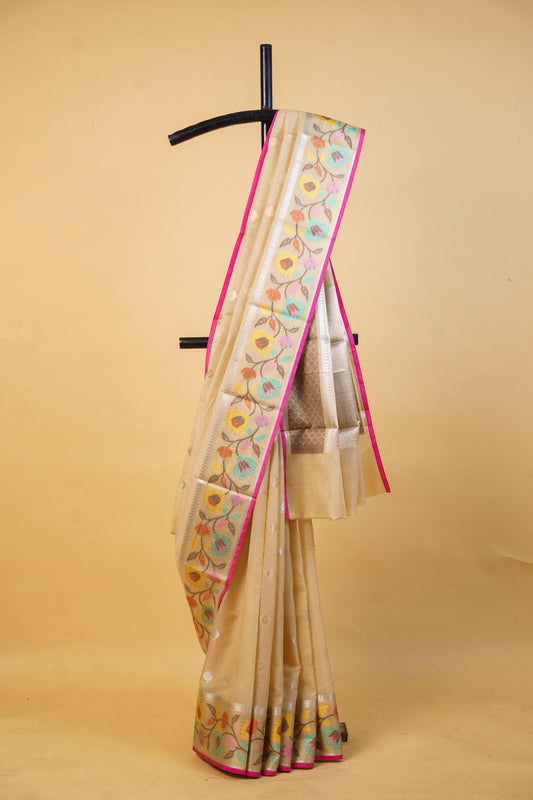 Beige Cotton Kota Paithani Border Premium Banarasi Saree