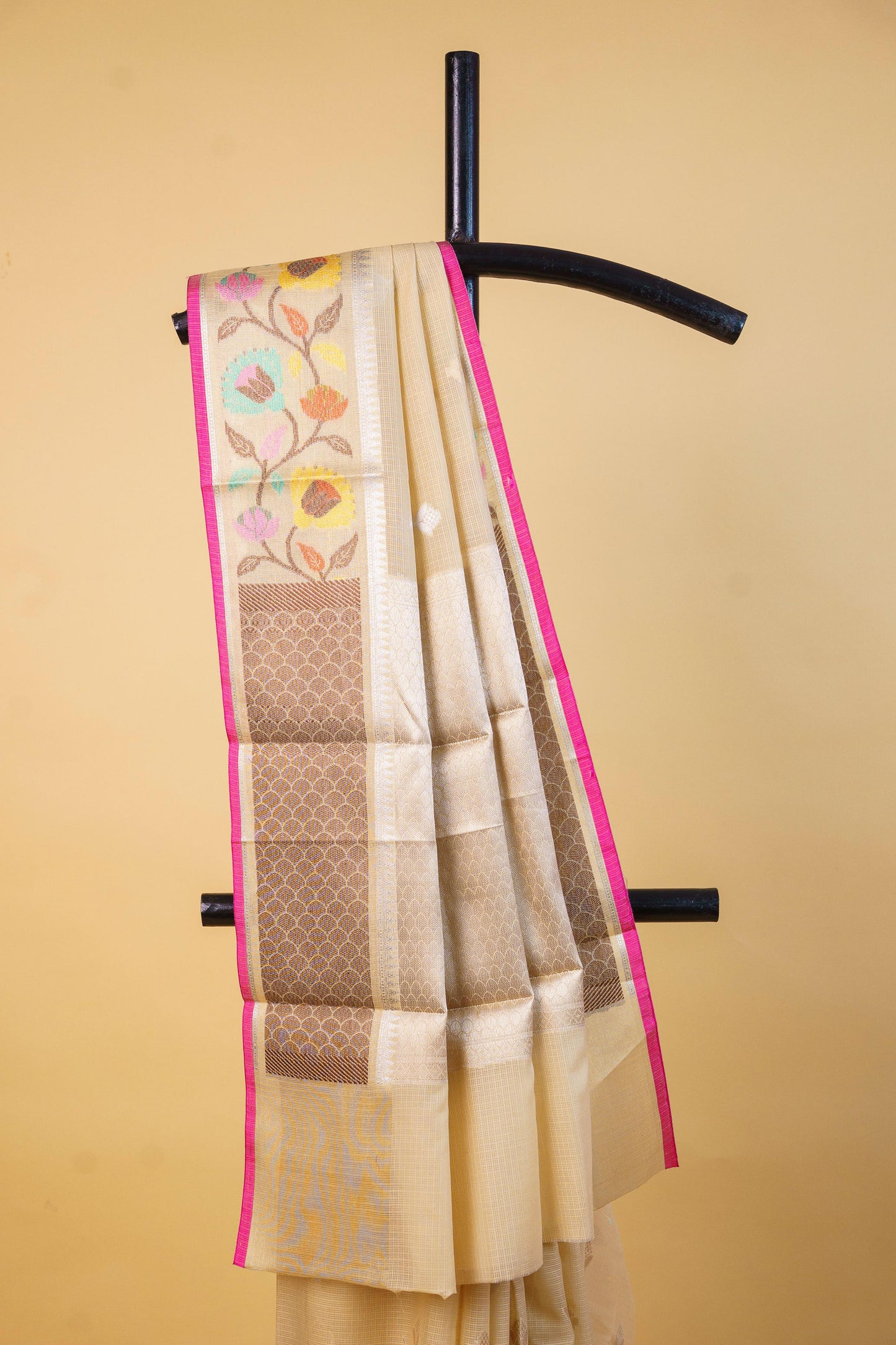 Beige Cotton Kota Paithani Border Premium Banarasi Saree