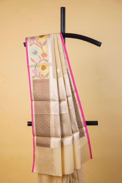 Beige Cotton Kota Paithani Border Premium Banarasi Saree