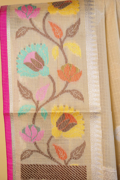 Beige Cotton Kota Paithani Border Premium Banarasi Saree
