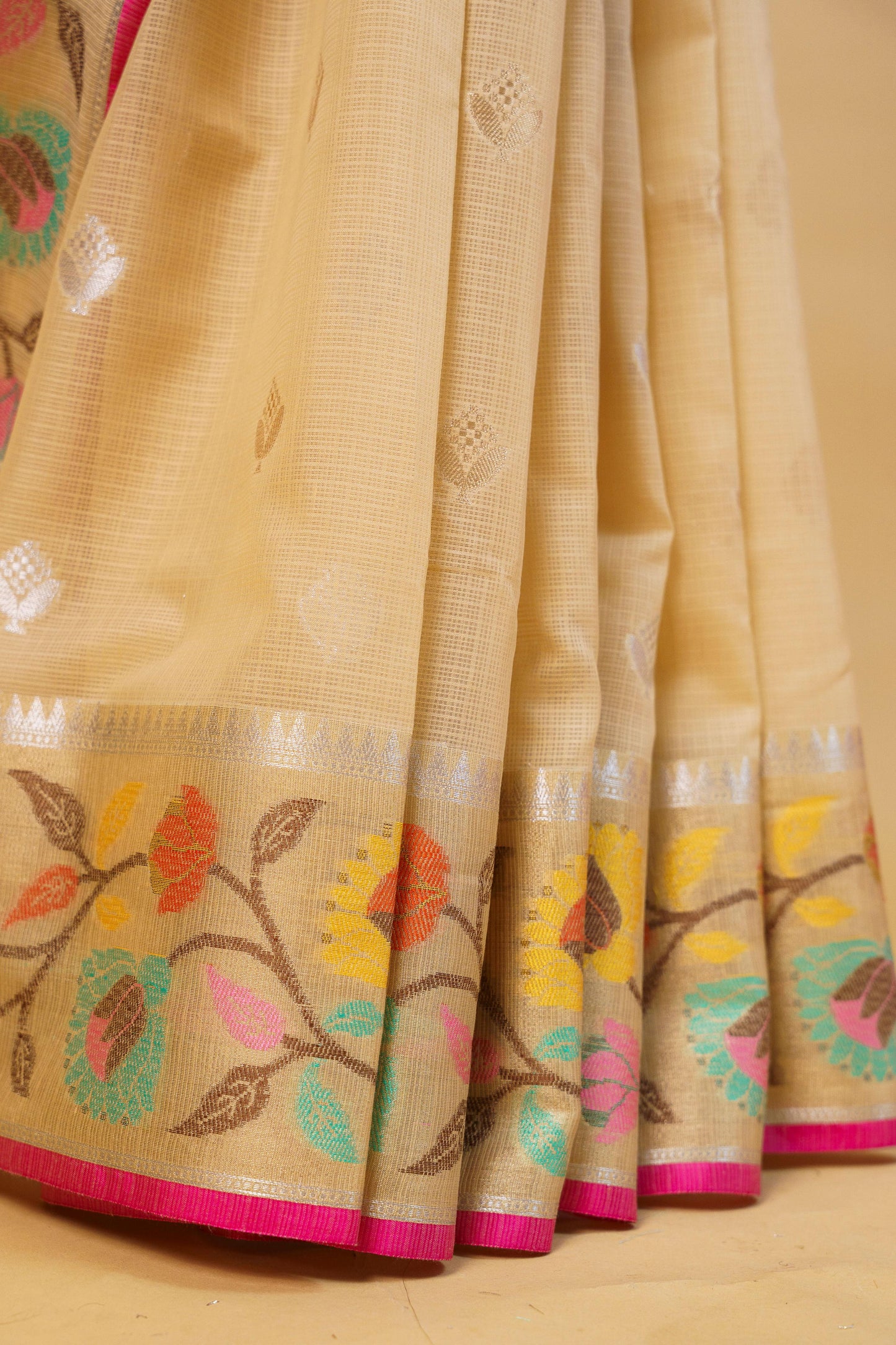 Beige Cotton Kota Paithani Border Premium Banarasi Saree