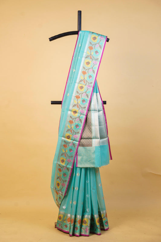 Aqua Blue Cotton Kota Paithani Border Premium Banarasi Saree