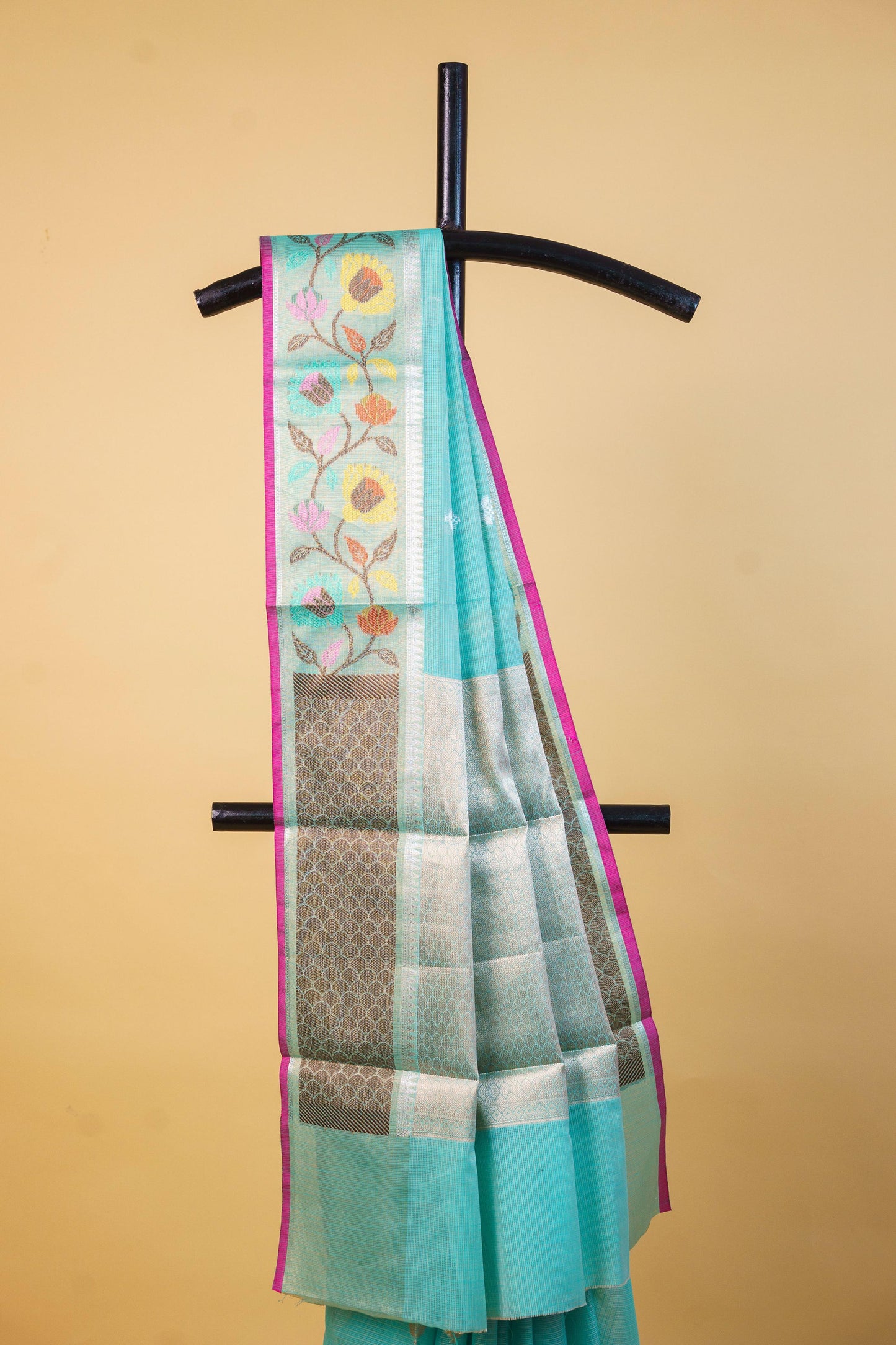 Aqua Blue Cotton Kota Paithani Border Premium Banarasi Saree