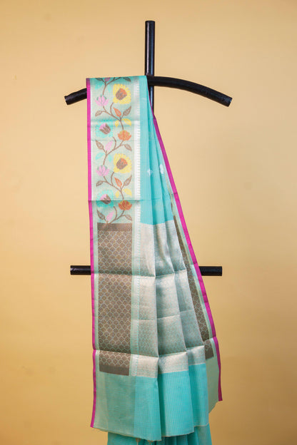 Aqua Blue Cotton Kota Paithani Border Premium Banarasi Saree