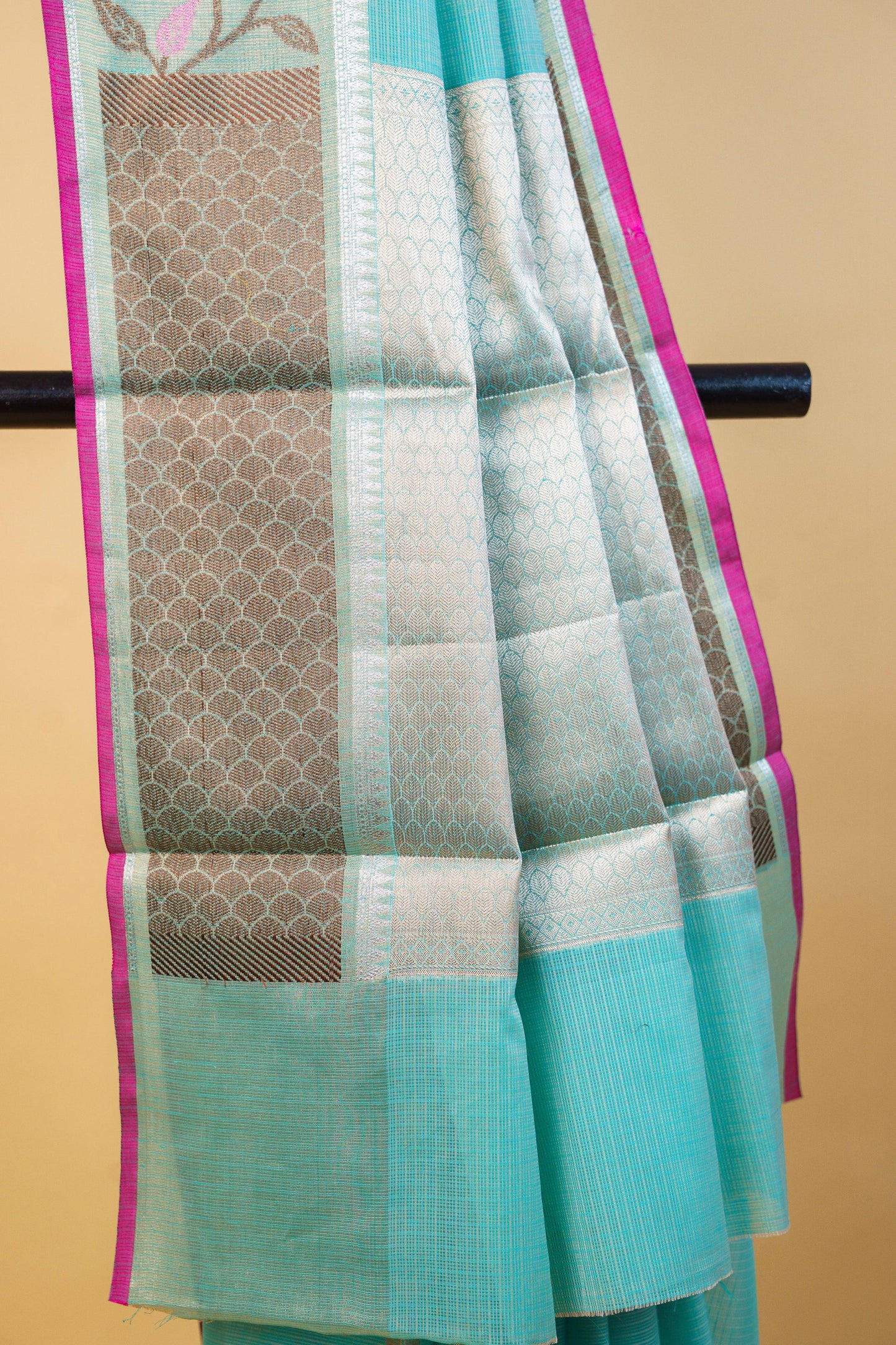 Aqua Blue Cotton Kota Paithani Border Premium Banarasi Saree