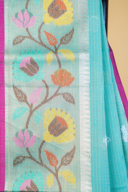 Aqua Blue Cotton Kota Paithani Border Premium Banarasi Saree